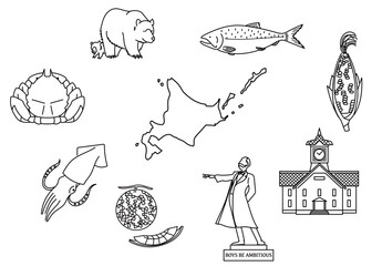 北海道の名物や観光地をモチーフにしたアイコンセット｜クマやカニサケトウモロコシメロンクラーク像など北海道を象徴する要素をまとめたイラスト素材