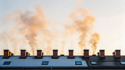Urban heat island effect. Rooftop chimneys emit rising thermal waves against clear sky