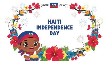 Haiti Independence Day celebration. Cartoon girl with drum. Floral wreath with tropical flowers. Colorful holiday design. Vector illustration on white background. Festive greeting card.