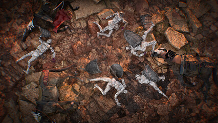 medieval battlefield, defeated warriors, knights at the end of the battle, 3D render