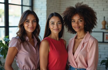 Fototapeta premium Three pro Latina women stand together in an office setting, smiling warmly at the camera. They appear confident and friendly, suggesting teamwork and camaraderie in their workplace environment.