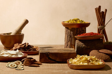 Dried herbs, spices, and roots arranged in wooden bowls. The rustic table perfect for promoting herbal teas, supplements, or traditional Eastern medicine concepts. Product placement