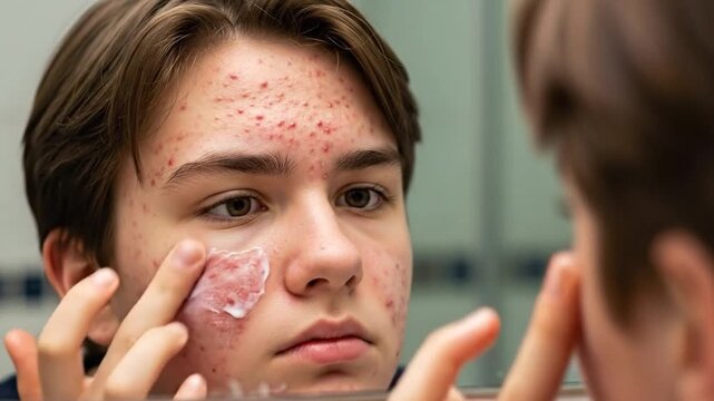 Teenage Acne Treatment: Young Person Applies Medication in Bathroom Mirror