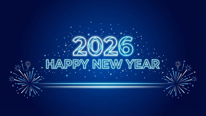 2026 Happy New Year Blue Neon Text with Glowing Fireworks and Sparkles