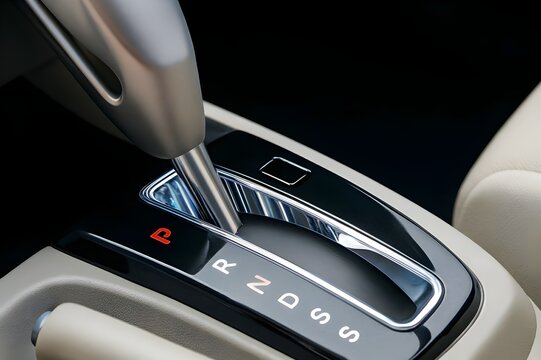 Close up of a modern automatic car gear shift lever in a luxury vehicle interior. Concept of automotive technology, driving, transportation, and sleek dashboard design for premium comfort.