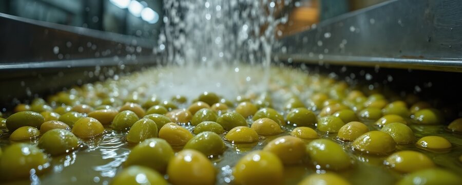 Green olives wash in water inside industrial oil mill processing plant. Fresh fruit move along conveyor belt for virgin oil production in factory. Liquid flows over olives. - Powered by Adobe