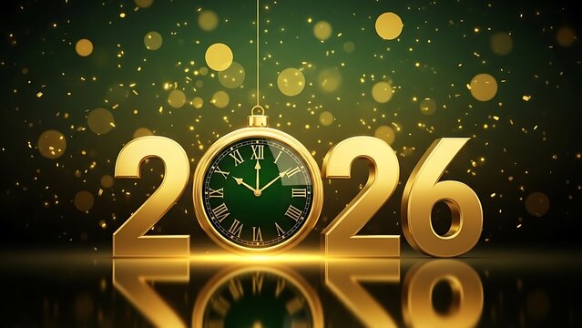 New years eve 2026 celebration with gold clock striking midnight surrounded by festive lights and decorations