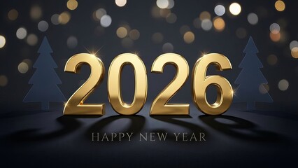 3D Gold 2026 Happy New Year Numbers with Christmas Tree Silhouettes and Bokeh
