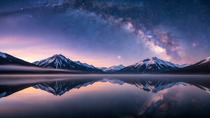 Majestic snowcapped mountains reflected in calm lake under starry night sky