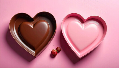 ピンク背景に並ぶハート型チョコレートトレイ。バレンタインのイメージ。Heart Shaped Chocolate Trays on Pink Background for Valentine&rsquo;s Day.