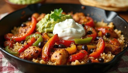 Sizzling chicken and vegetable fajitas served in cast iron skillet with rice guacamole and sour cream. Colorful peppers mixed with seasoned meat create an appetizing meal.