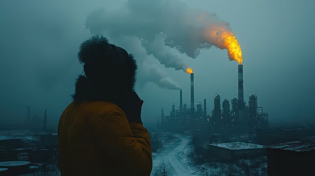 A futuristic cityscape, where towering oil and gas refineries pierce the smog-laden sky, symbolizing the unwavering devotion of the energy industry to power our world 