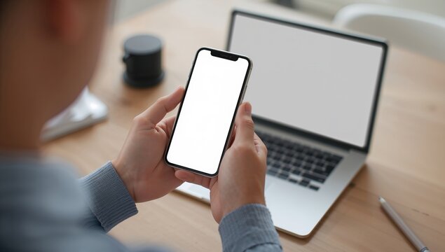 Business workspace scene with hand holding mobile phone and laptop symbolizing productivity remote work and digital connectivity - Powered by Adobe