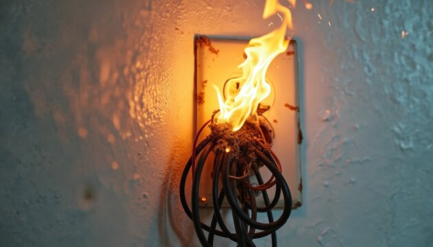 Overloaded electrical outlet sparks fire with tangled cords burning intensely. Flames erupt from power socket, indicating severe hazard and danger. Wires ignite creating dangerous blaze. Safety risk.