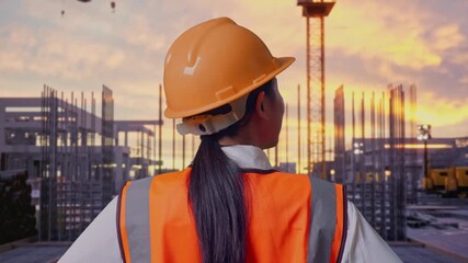Close Up Back View Of A Female Engineer Wearing Safety Helmet Looking Around While Standing With Arms Akimbo at Construction Site with Tower Cranes and Building Foundations