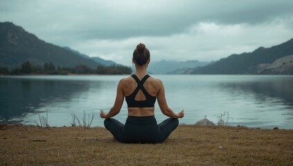 Peaceful yoga meditation scene with woman sitting by calm lake and mountains symbolizing harmony and inner peace