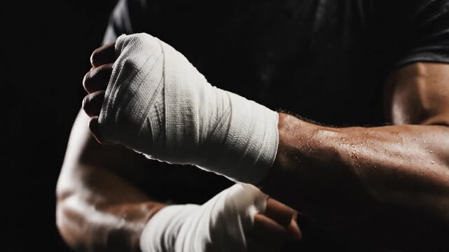 Powerful fighter preparing his hands with wraps before intense boxing workout session.