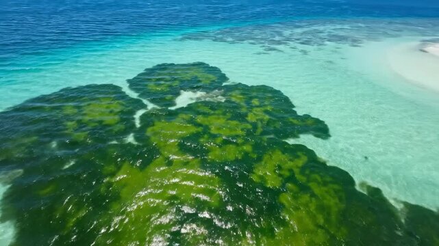 Stunning aerial drone perspective of vibrant green algae patches visible beneath the surface of the turquoise and sapphire shallow coastal ocean reef, surface, pattern