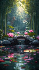 Spiritual nature composition featuring waterfall stones and lotus flowers symbolizing calm balance and inner peace