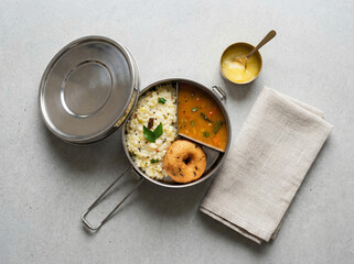 South Indian Lunch Box with Pongal Sambar and Medu Vada