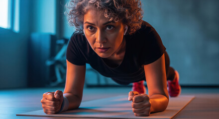 Determined Woman Holds Plank, Focused on Core Strength