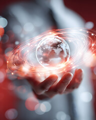 human hand holding a red globe