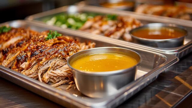 Delight in a beautifully arranged tray of pulled pork, glistening with rich juices. Fresh green garnishes complement the dish, adding vibrant color and flavor.