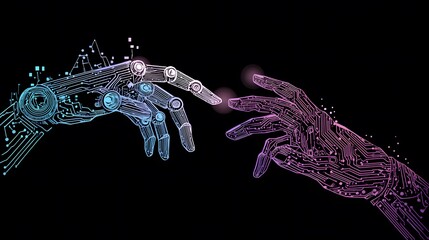 Digitally rendered illustration displays two hands constructed of intricate circuit board patterns, symbolizing connection or interaction against a stark black background.