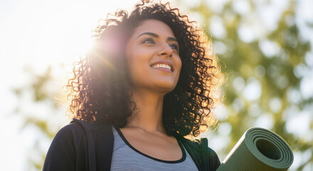 Smiling Woman with Yoga Mat Enjoys Golden Sunlight Outdoors