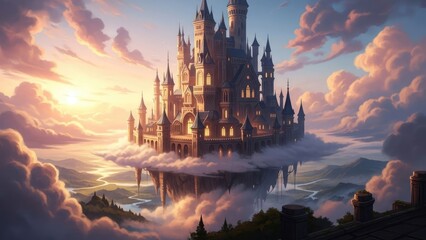 Naklejka premium Fantasy Castle in the Clouds at Sunset.