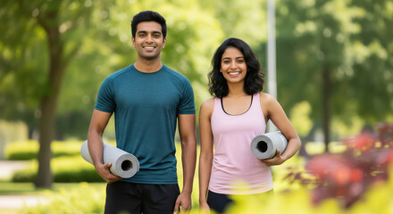 Happy Indian Couple Ready for Outdoor Yoga Session