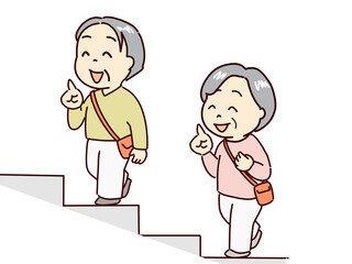 元気な高齢者外出をする。階段を上がる
