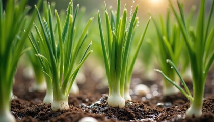 Obraz premium Green onion sprouts grow in dark wet soil. Water drops on fresh plants in neat rows. Early spring garden cultivation with natural healthy food growing. Sunlight warms the earth.