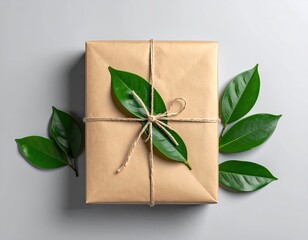 Gift wrapped in paper, tied with twine, adorned with leaves