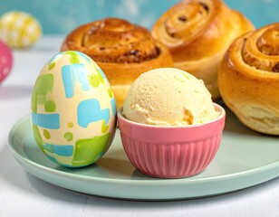Easter egg, vanilla ice cream, and swirls on a blue plate