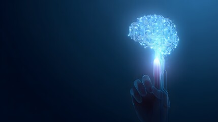 Human hand pointing to a glowing, digital brain formed by interconnected circuits, illustrating concepts of artificial intelligence and technological advancement on a dark blue backdrop, futuristic...