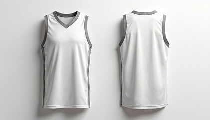 White sleeveless athletic shirt front and back views. This basketball jersey offers a blank canvas for team logos and player numbers. The sporty tank top is ideal for sports clubs and apparel brands.