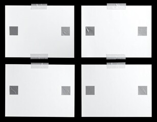 Four white papers taped onto a black background