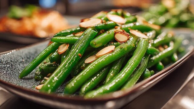 Fresh green beans saut&eacute;ed to perfection, lightly crisp and tossed with toasted almonds. Experience a delightful burst of flavor in every bite, perfect for any meal.