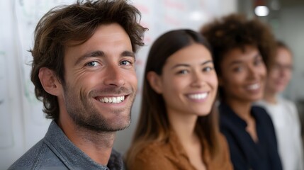 Fototapeta premium A smiling diverse group of colleagues in a modern office setting collaborating and sharing ideas