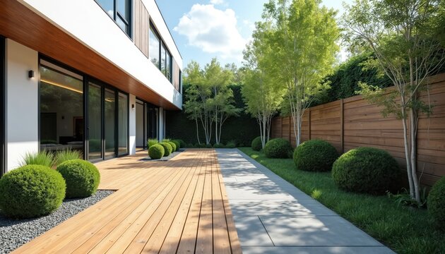 Modern white house with large windows features a wooden deck patio. Rich green garden with manicured bushes and trees offers a serene outdoor living space.