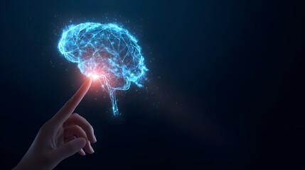 A hand touches a glowing, digital representation of a human brain in a futuristic, science-based depiction against a dark blue background.