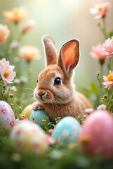 Curious bunny hiding among colorful Easter eggs
