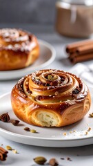 Golden brown cinnamon rolls on plates, decorated with spices, sitting on a textured surface with background elements