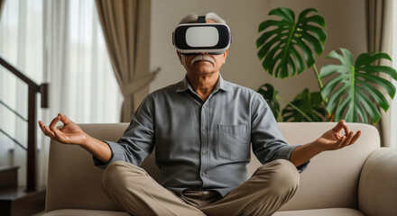 Senior Man Meditating with VR Headset in Modern Home
