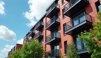 Modern red brick apartment complex with dark balconies. Green trees stand in front of the building against a clear blue sky with fluffy white clouds.