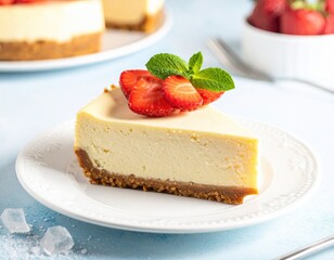 Cheesecake slice topped with strawberries and mint