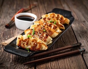 Fried dumplings, soy sauce, and chopsticks on rustic wood