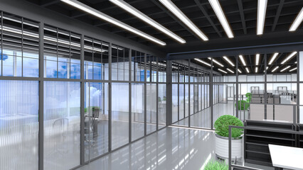 Glass walls in the office interior. 3d illustration
