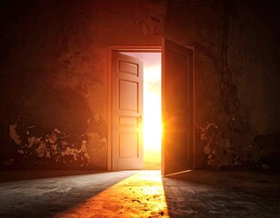 Opened door with bright sunlight shining through, old walls